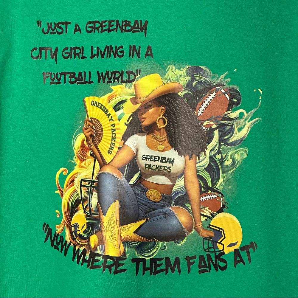 Green Bay Packers Graphic Tee with Football Theme New Without Tags